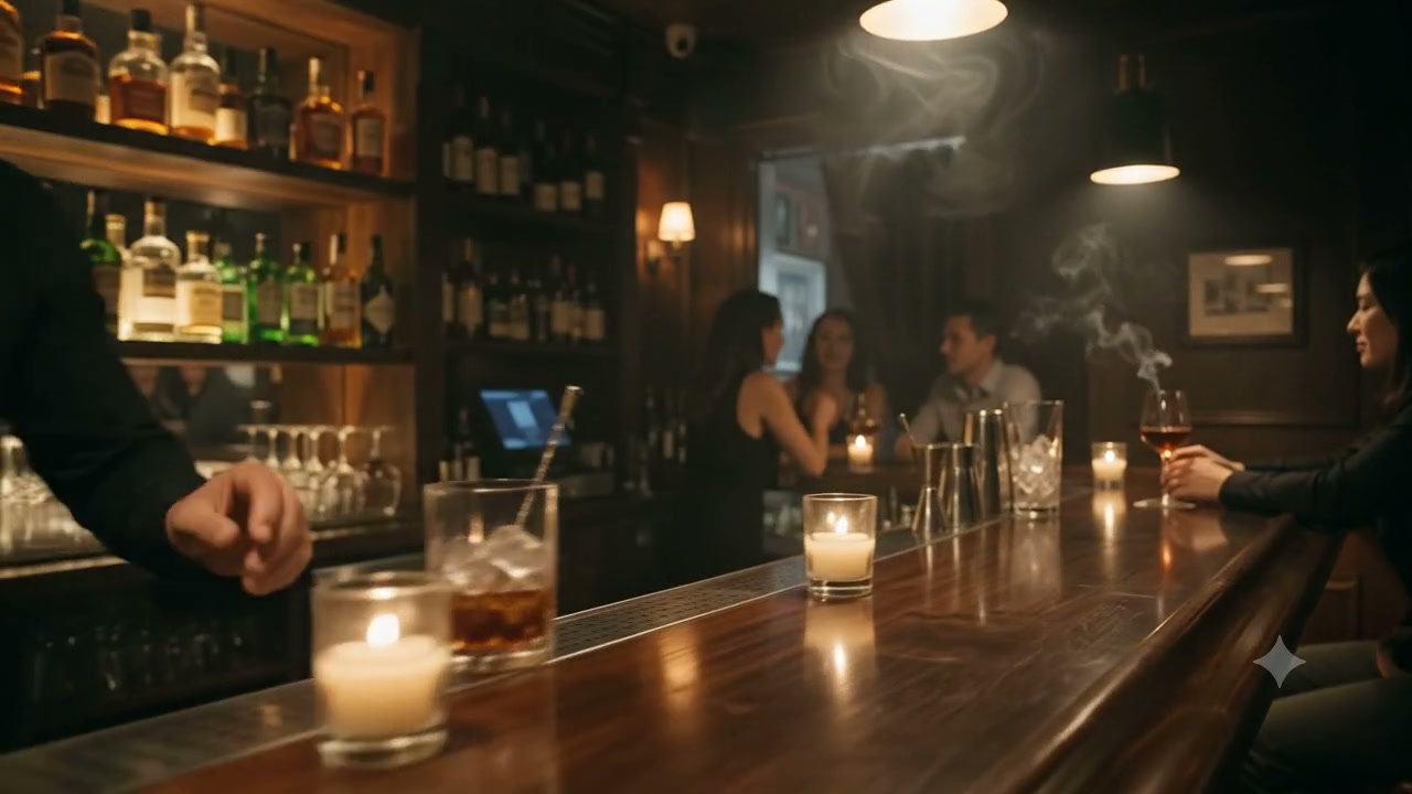 Amber cocktail glowing under a single pendant light